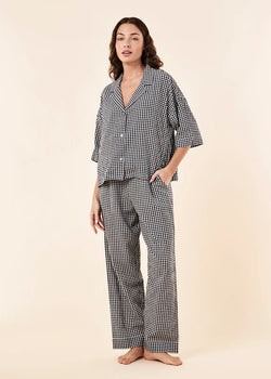 Seersucker Gingham Short Sleeve Shirt and Full Length Pant PJ Set