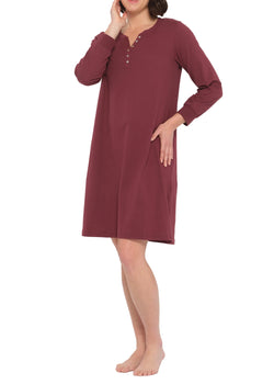 Burgundy Cotton Jersey Long Sleeve Henley Nightie