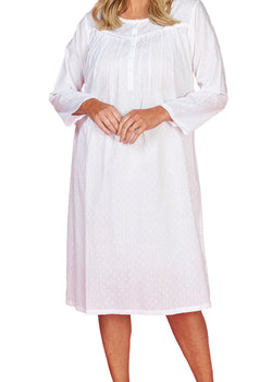 Cotton Nightgown with Long Sleeve in White FCE552
