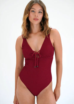 Retro Deco Plunge One Piece Swimsuit in Maroon