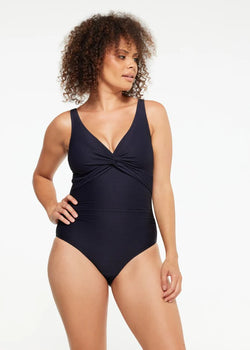 Navy Ribbed Texture Twist One Piece Swimsuit