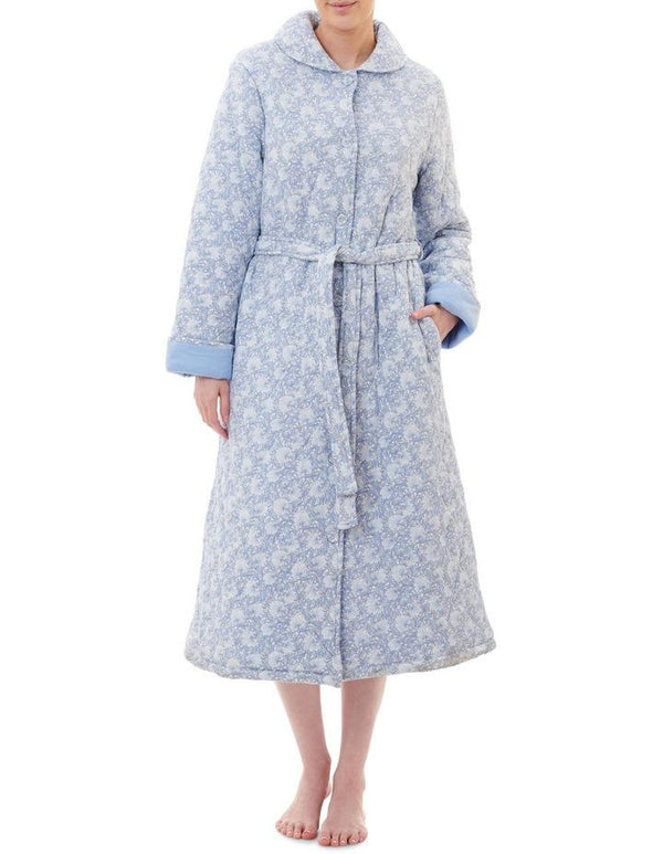 Womens Long Sleeve Button Up White Floral Dressing Gown